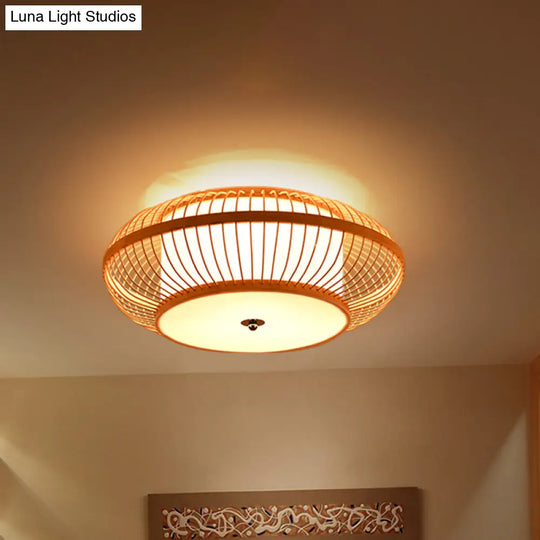 Bamboo Led Flush Mount Lamp For Living Room - Traditional Wood Cylinder/Donut Design