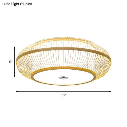 Bamboo Led Flush Mount Lamp For Living Room - Traditional Wood Cylinder/Donut Design