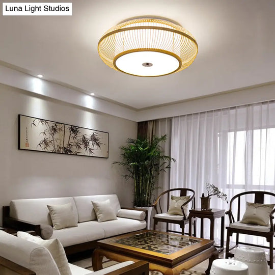 Bamboo Led Flush Mount Lamp For Living Room - Traditional Wood Cylinder/Donut Design