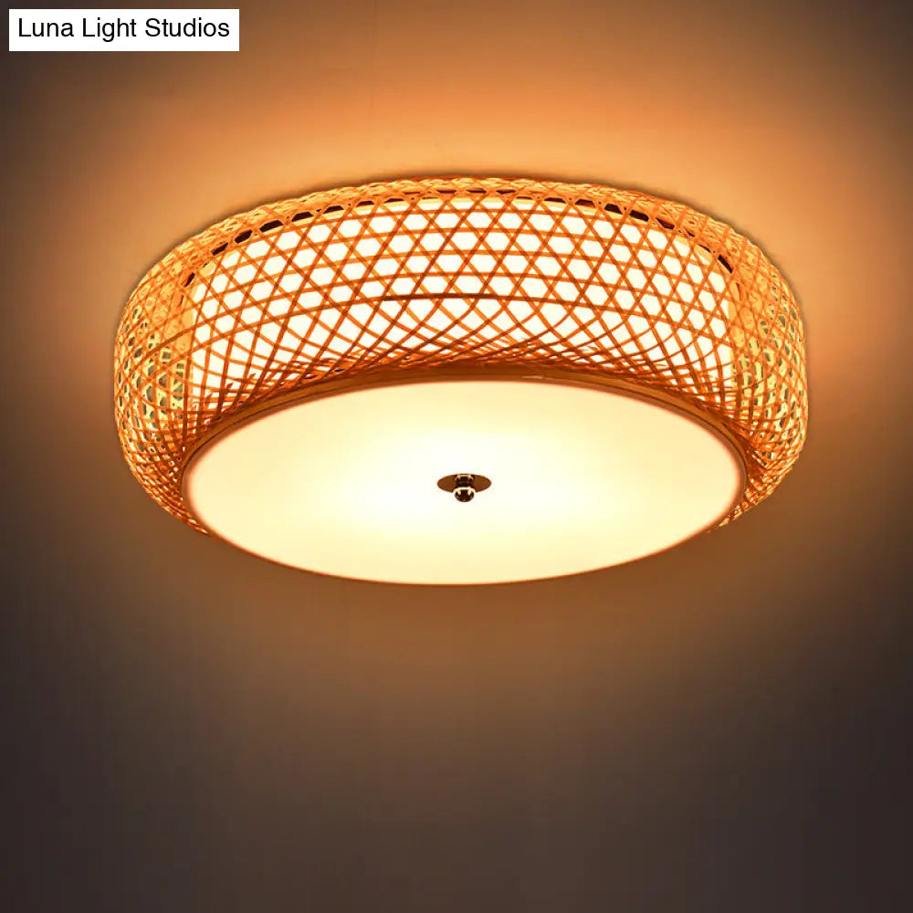 Bamboo Led Flush Mount Lamp For Living Room - Traditional Wood Cylinder/Donut Design