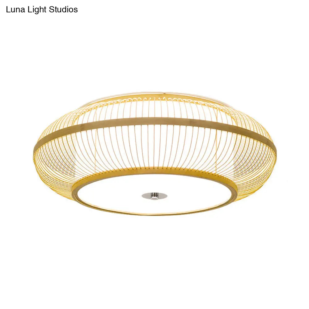 Bamboo Led Flush Mount Lamp For Living Room - Traditional Wood Cylinder/Donut Design