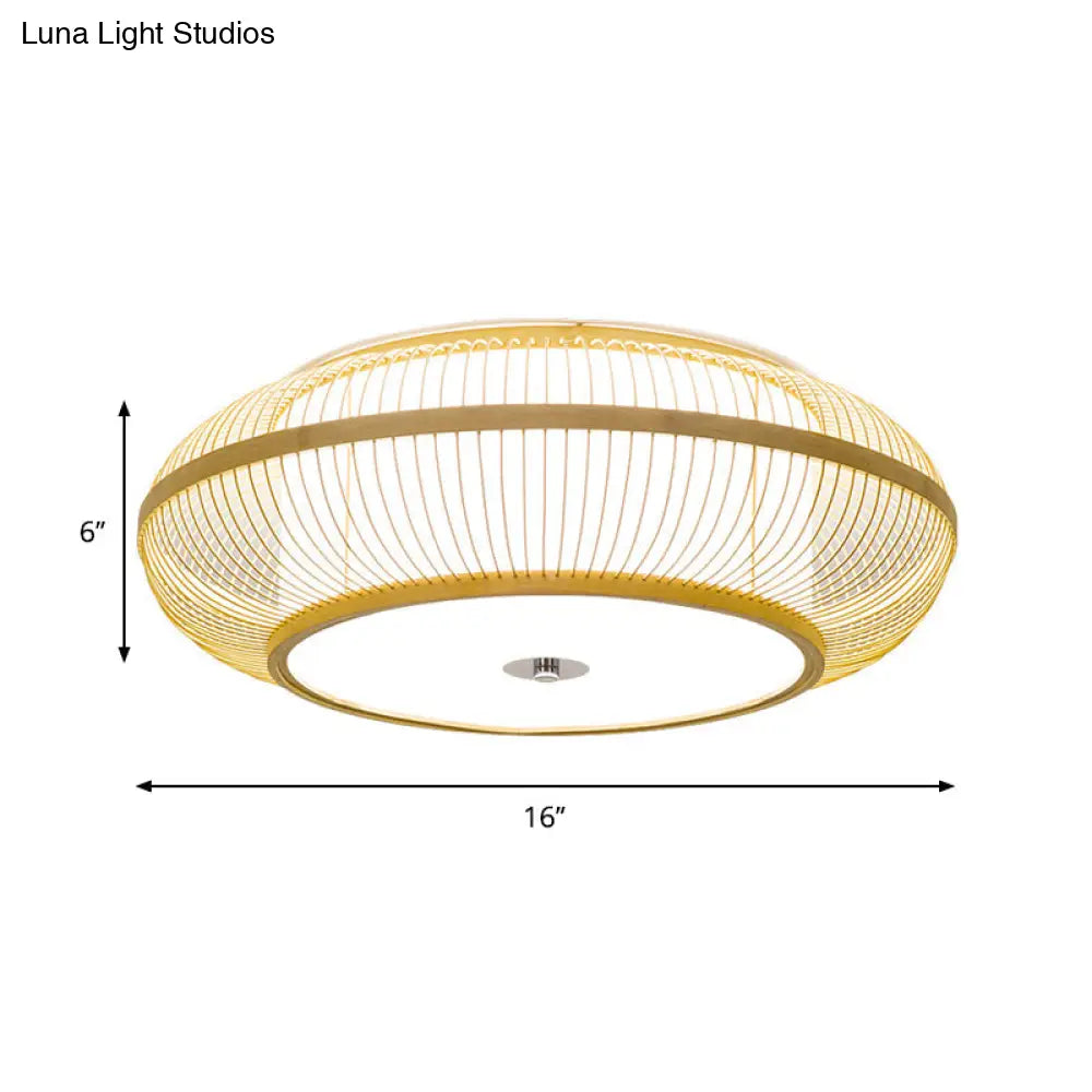 Bamboo Led Flush Mount Lamp For Living Room - Traditional Wood Cylinder/Donut Design