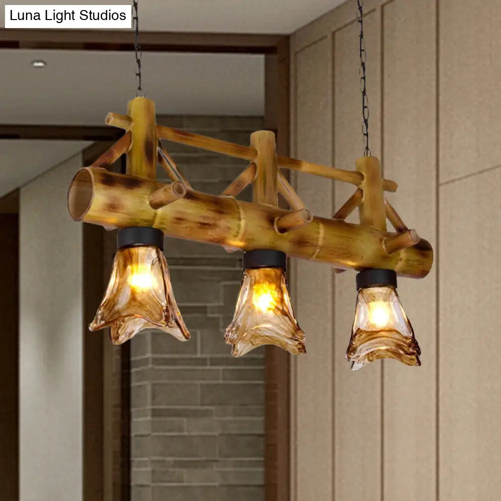 Bamboo Lodge Flared Pendant Light With 2 Amber Glass Shades - Island Lighting