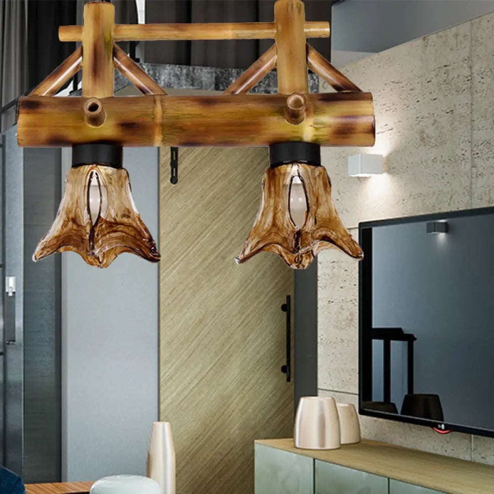 Bamboo Lodge Flared Pendant Light With 2 Amber Glass Shades - Island Lighting /