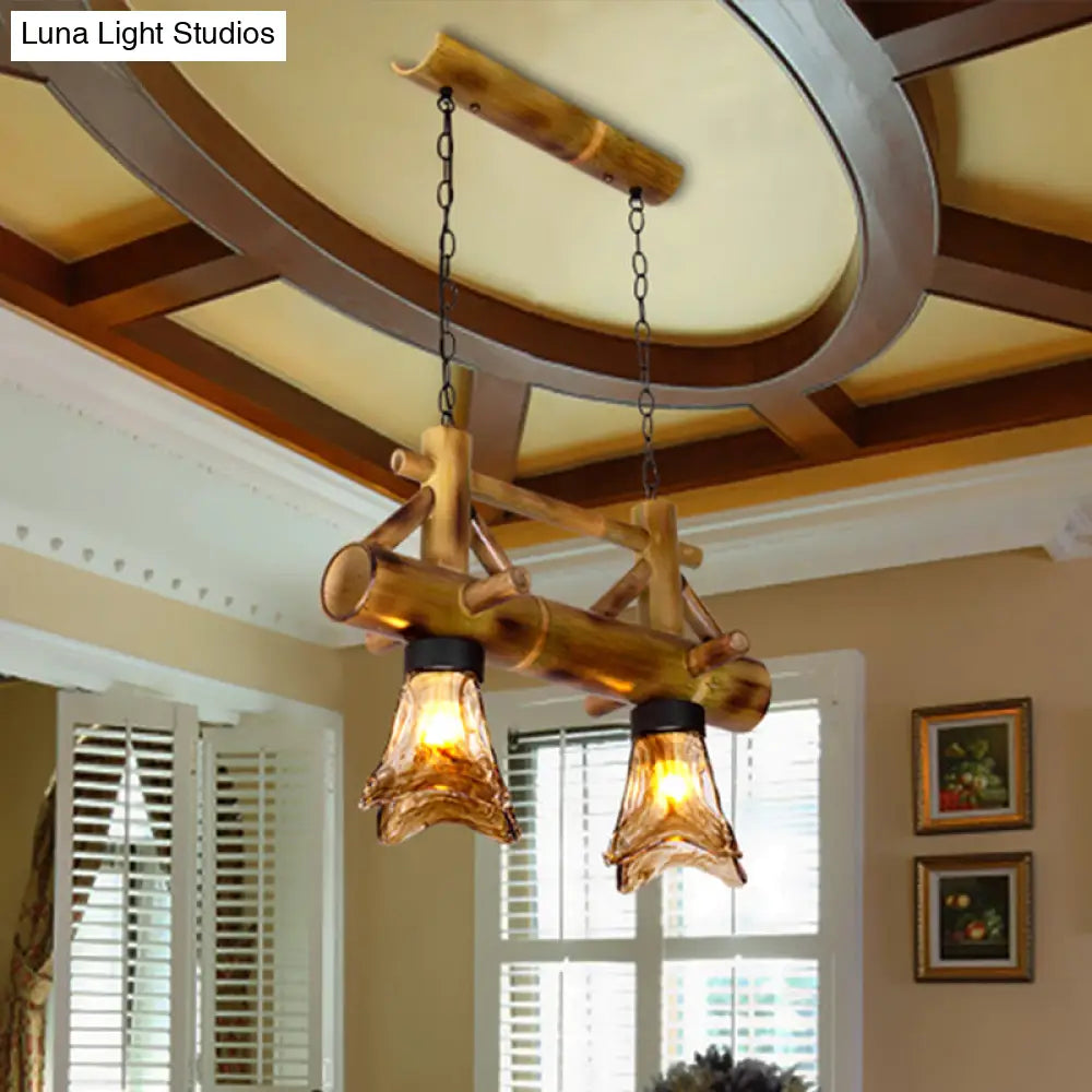 Bamboo Lodge Flared Pendant Light With 2 Amber Glass Shades - Island Lighting