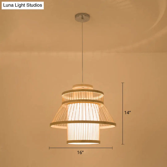 Bamboo Minimalist Pendant Ceiling Light With Tiered Suspension - Ideal For Restaurants (1-Head Wood