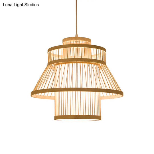 Bamboo Minimalist Pendant Ceiling Light With Tiered Suspension - Ideal For Restaurants (1-Head Wood