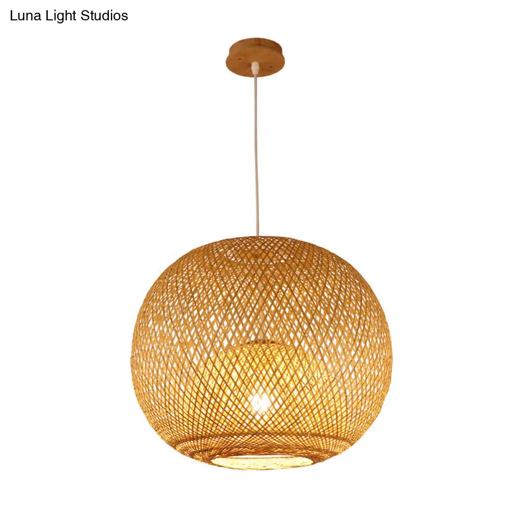 Bamboo Pendant Light With Globe Shade - Modern Beige Dining Room Lighting 14 18 21.5 W