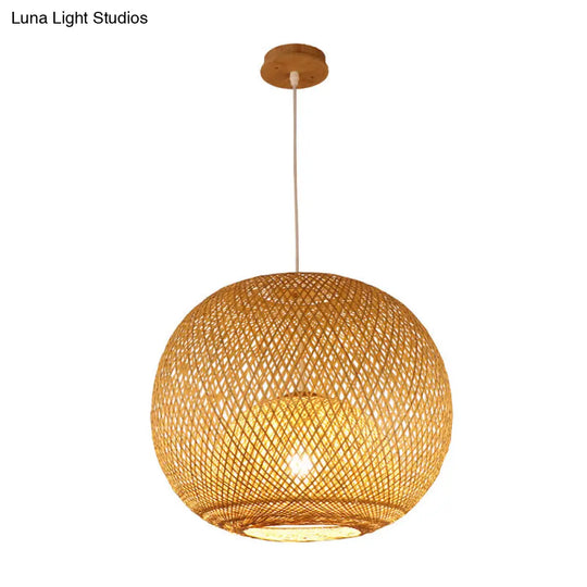 Bamboo Pendant Light With Globe Shade - Modern Beige Dining Room Lighting 14 18 21.5 W