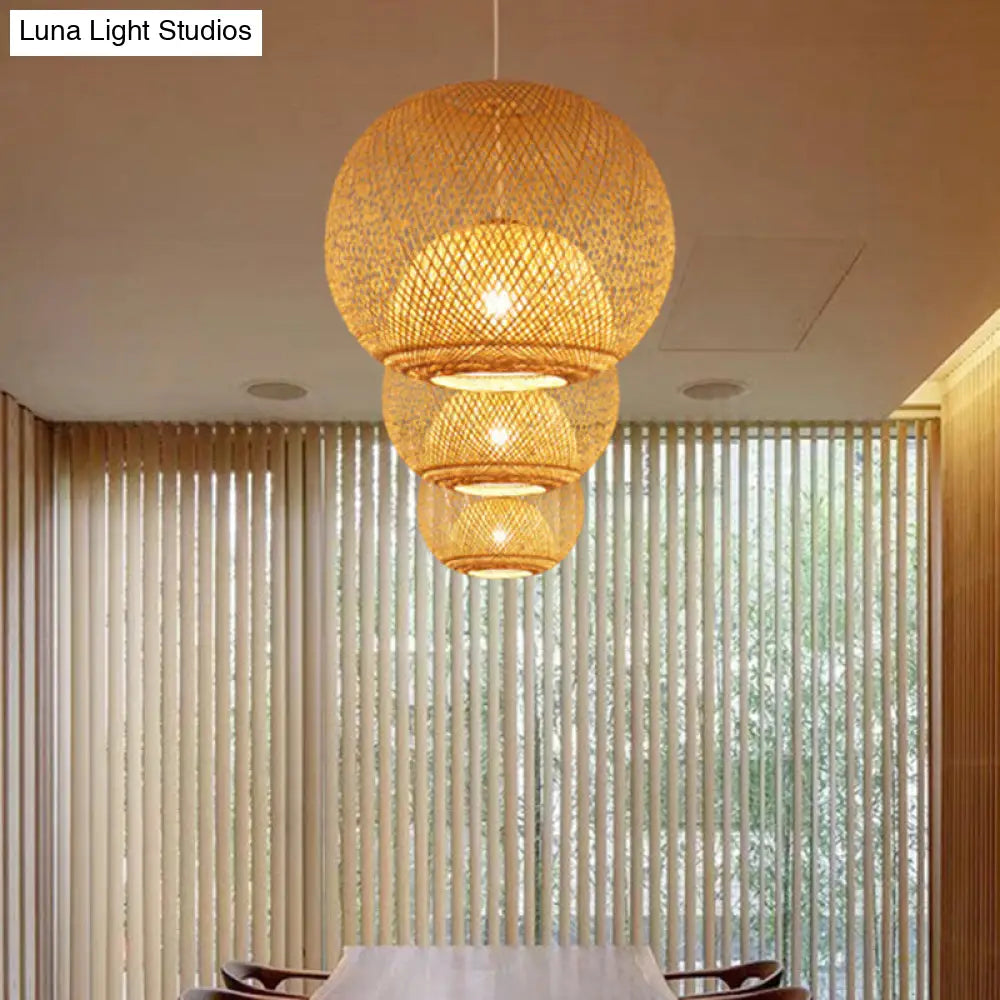 Bamboo Pendant Light With Globe Shade - Modern Beige Dining Room Lighting 14 18 21.5 W