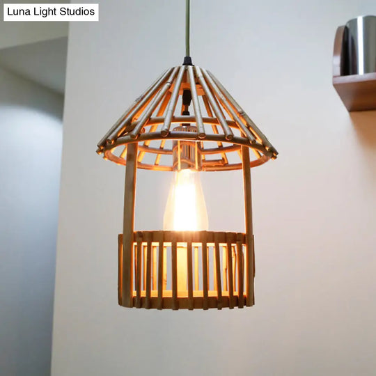 Bamboo Pavilion Pendant Lamp: Asian-Inspired 1-Light Hanging Kit For Dining Room