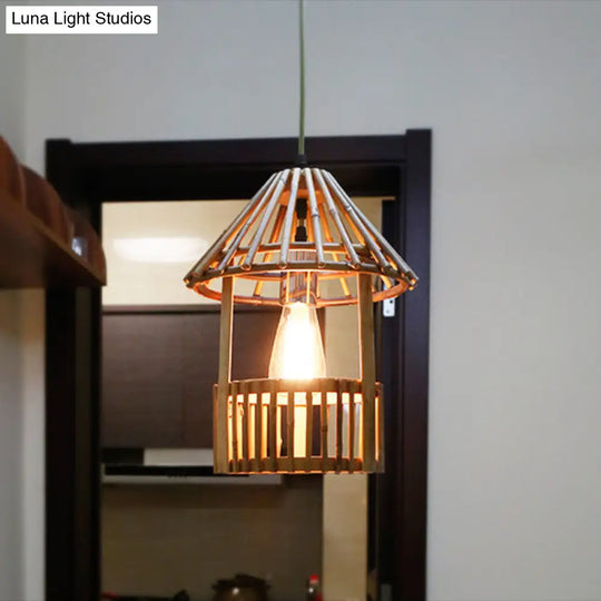 Bamboo Pavilion Pendant Lamp: Asian-Inspired 1-Light Hanging Kit For Dining Room Wood