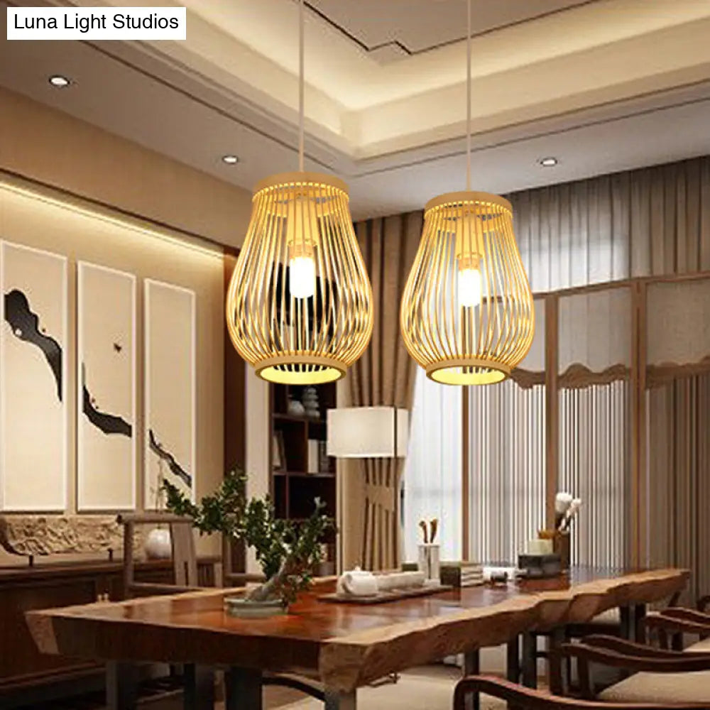 Contemporary Bamboo Pendant Ceiling Light In Pawpaw Shape - Beige