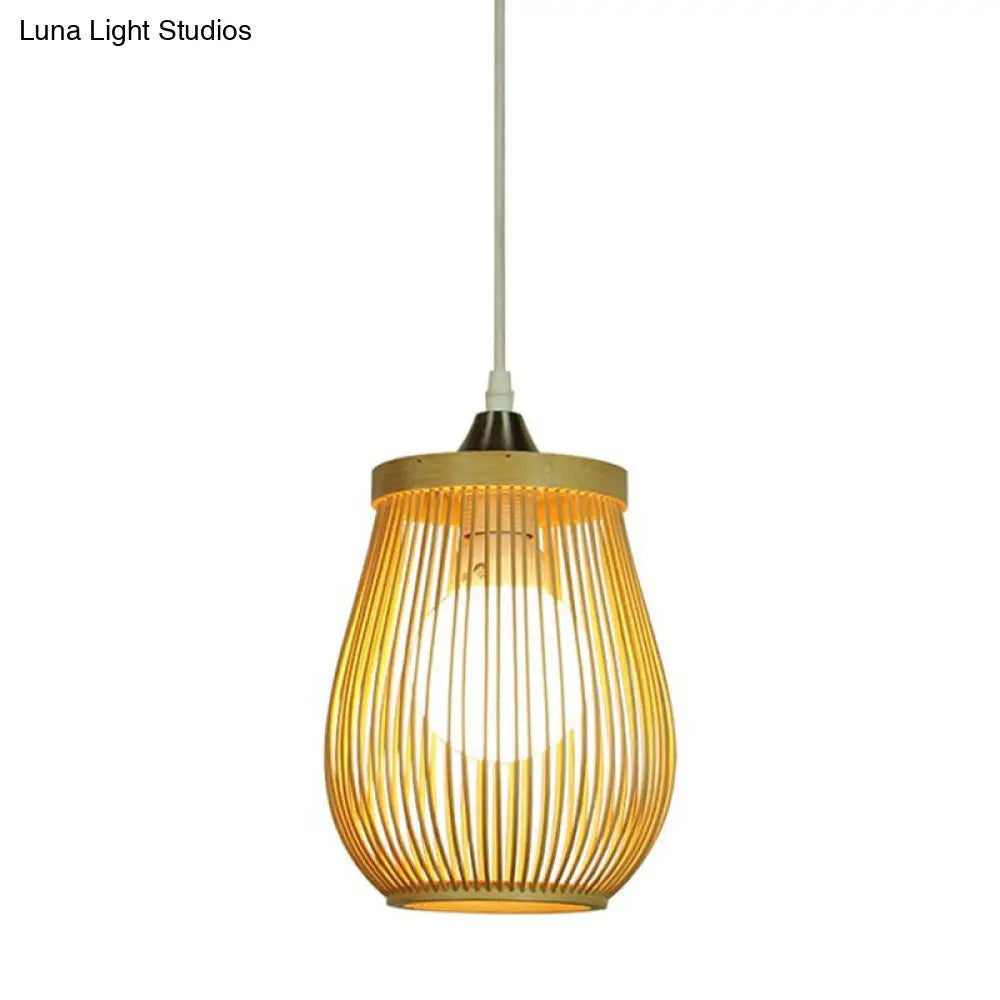 Contemporary Bamboo Pendant Ceiling Light In Pawpaw Shape - Beige