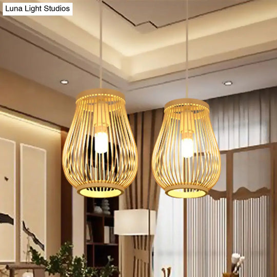 Contemporary Bamboo Pendant Ceiling Light In Pawpaw Shape - Beige