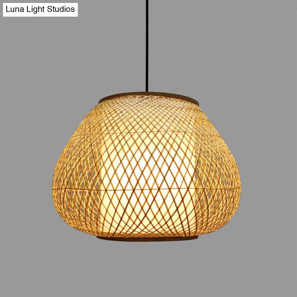 Bamboo Pear Pendant Light: Contemporary 1-Bulb Beige Suspension Fixture For Living Room