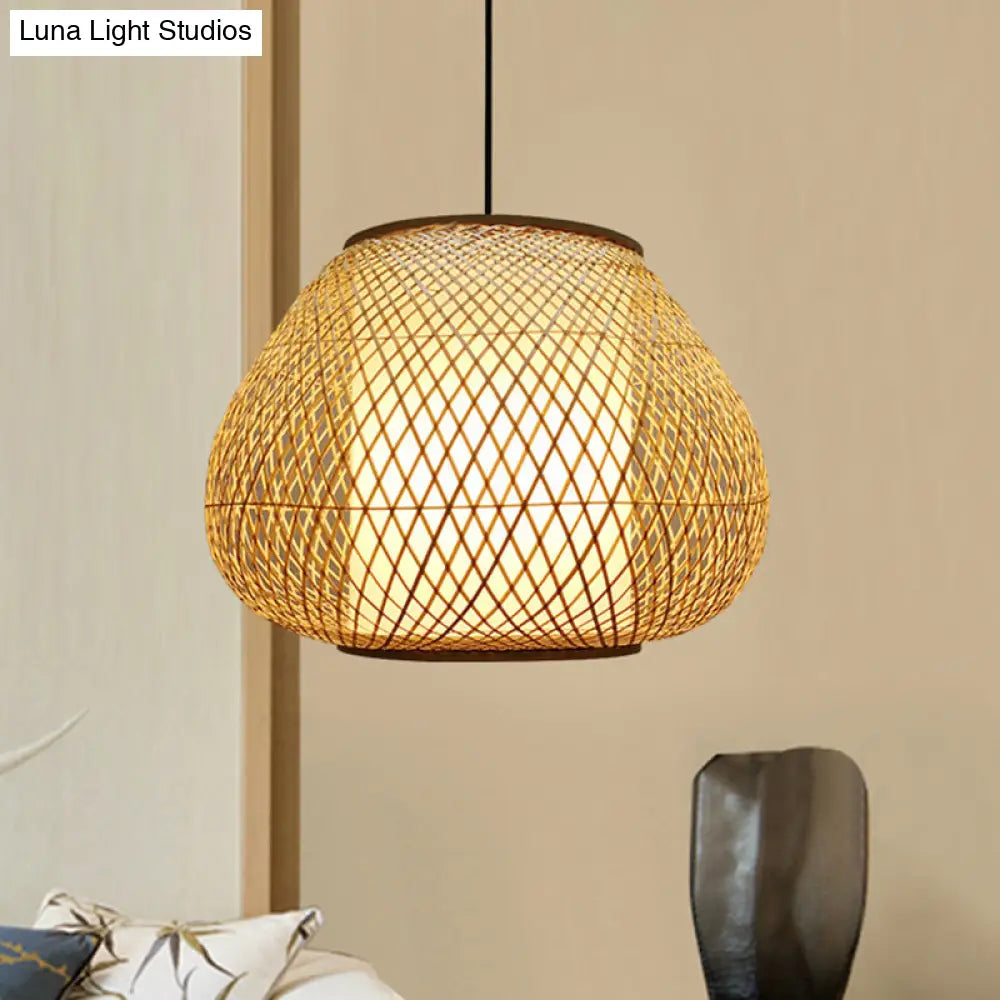 Bamboo Pear Pendant Light: Contemporary 1-Bulb Beige Suspension Fixture For Living Room