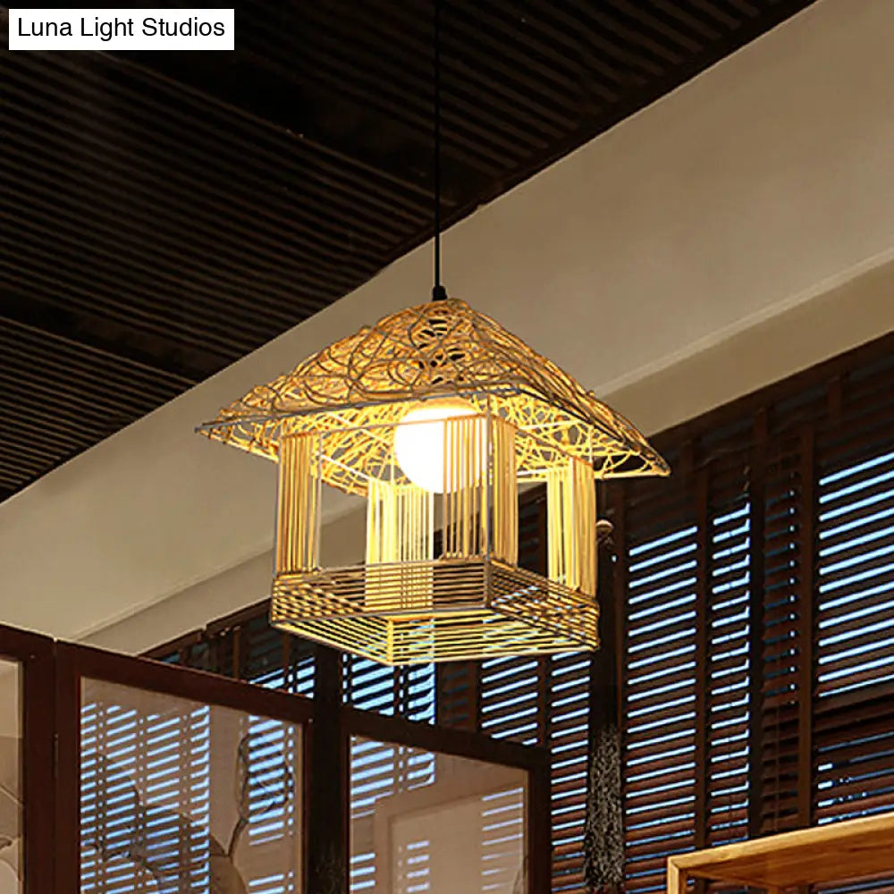 Bamboo Pendant Lamp - Chinese Style Hanging Ceiling Light For Teahouse With White Shade