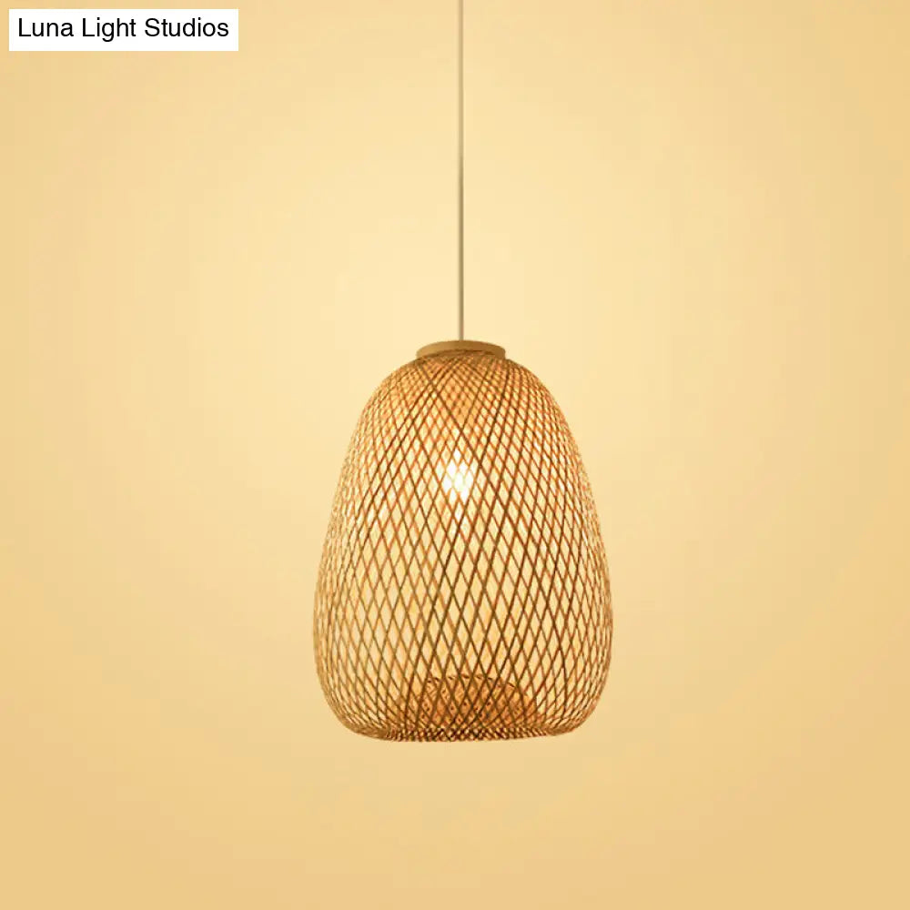 Bamboo Pendant Lamp For Restaurants - Asian Style Globular Twisted Shape In Beige