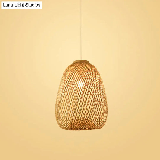 Bamboo Pendant Lamp For Restaurants - Asian Style Globular Twisted Shape In Beige