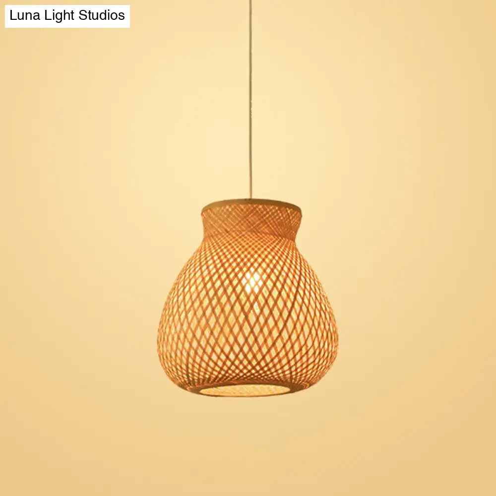 Bamboo Pendant Lamp For Restaurants - Asian Style Globular Twisted Shape In Beige