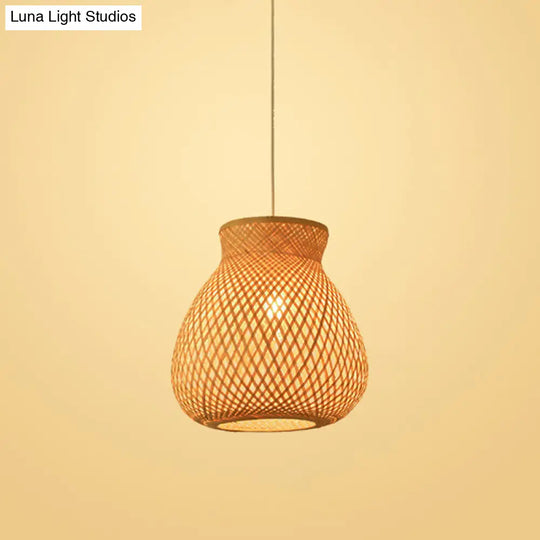 Bamboo Pendant Lamp For Restaurants - Asian Style Globular Twisted Shape In Beige