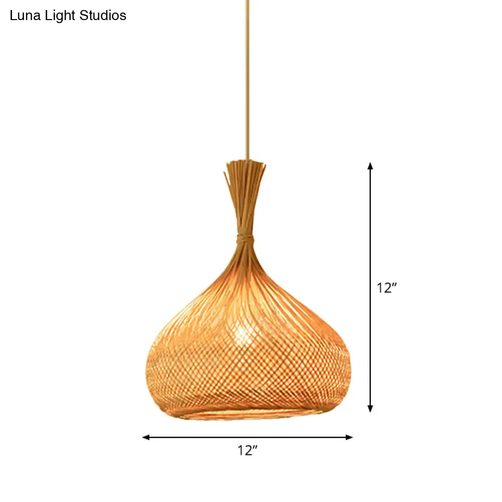 Bamboo Pendant Lamp For Restaurants - Asian Style Globular Twisted Shape In Beige