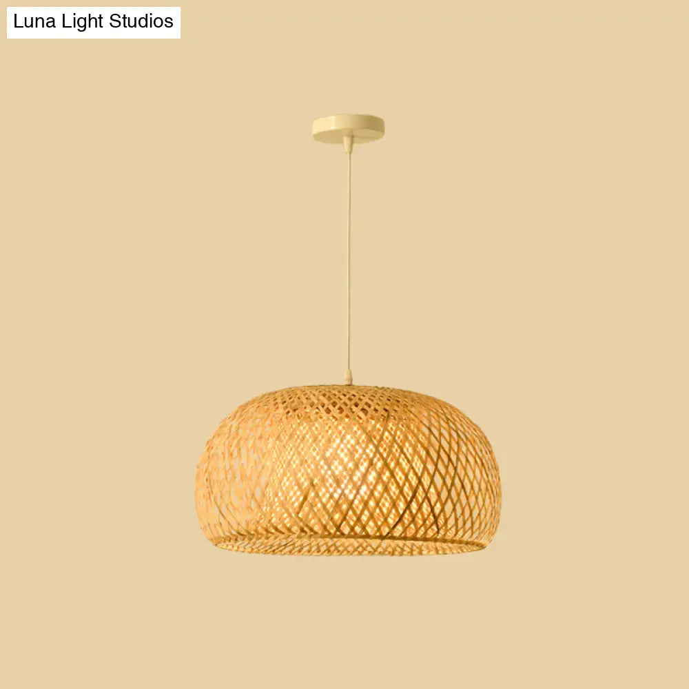 Bamboo Pendant Lamp For Restaurants - Asian Style Globular Twisted Shape In Beige