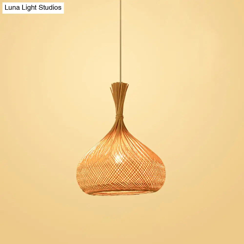 Bamboo Pendant Lamp For Restaurants - Asian Style Globular Twisted Shape In Beige