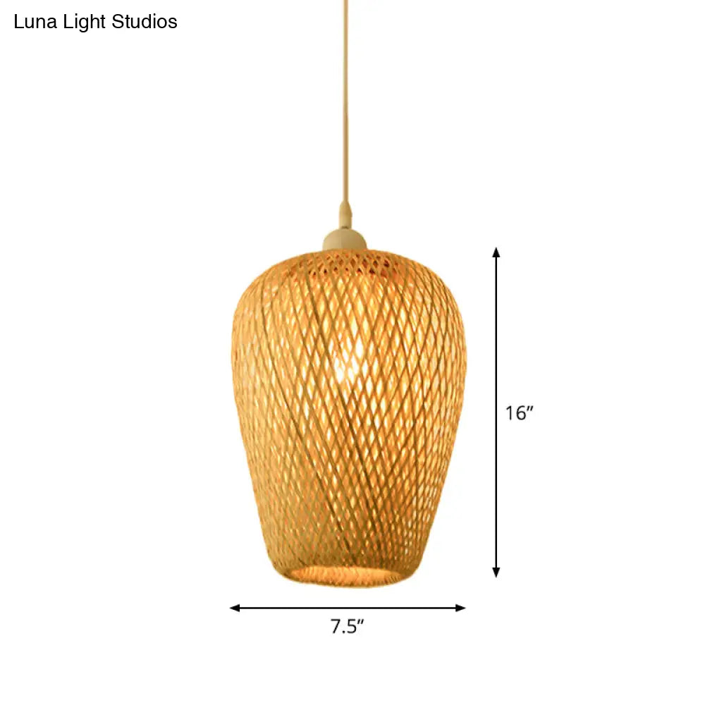 Bamboo Pendant Lamp For Restaurants - Asian Style Globular Twisted Shape In Beige