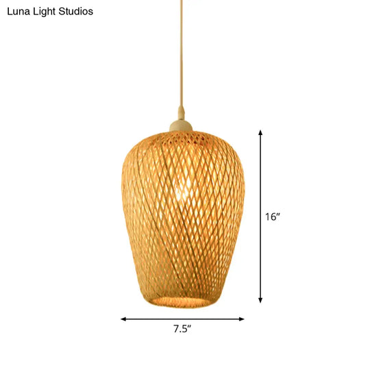 Bamboo Pendant Lamp For Restaurants - Asian Style Globular Twisted Shape In Beige