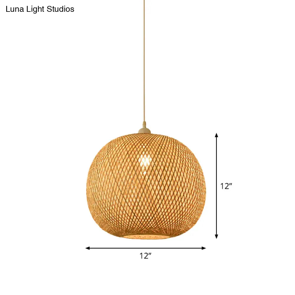 Bamboo Pendant Lamp For Restaurants - Asian Style Globular Twisted Shape In Beige