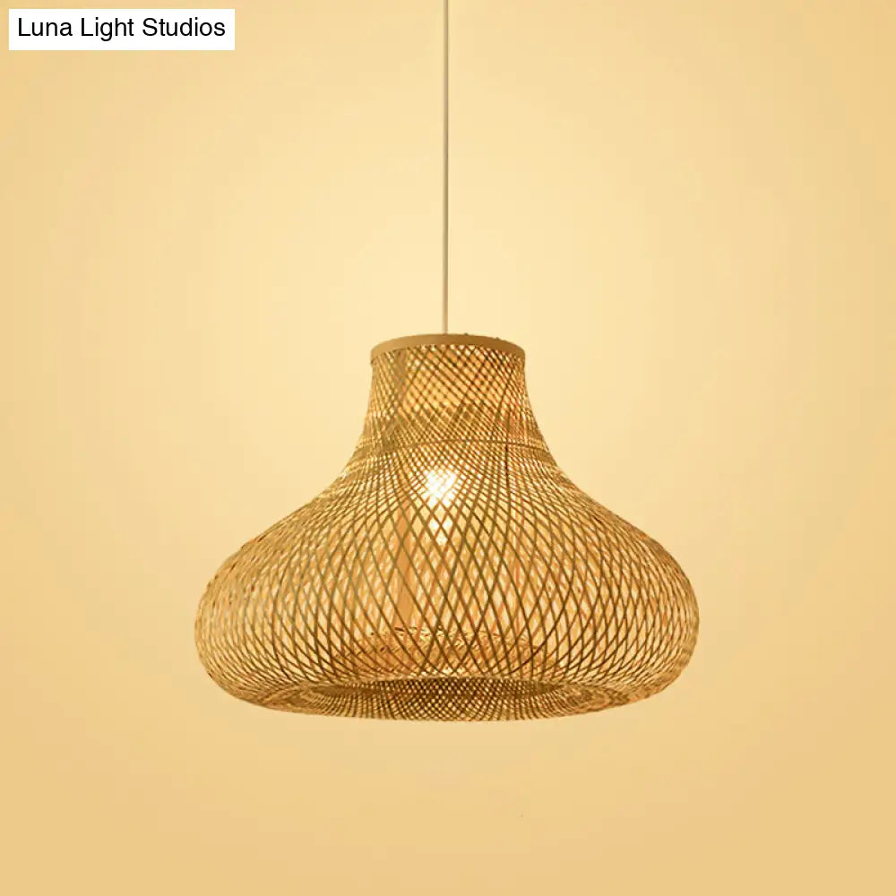 Bamboo Pendant Lamp For Restaurants - Asian Style Globular Twisted Shape In Beige