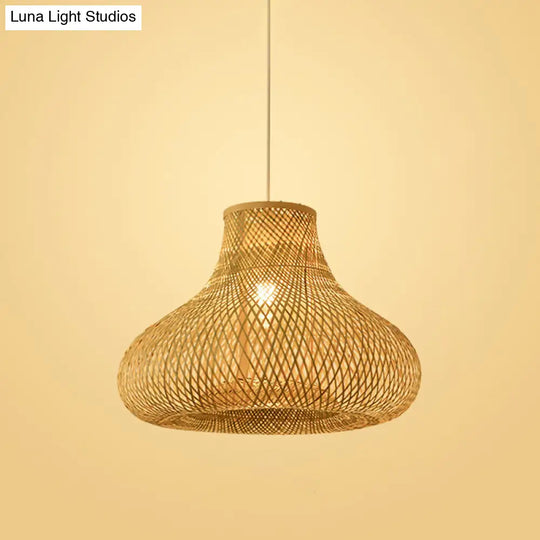 Bamboo Pendant Lamp For Restaurants - Asian Style Globular Twisted Shape In Beige