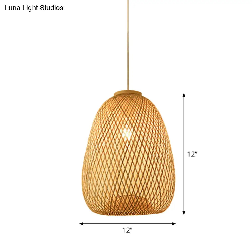 Bamboo Pendant Lamp For Restaurants - Asian Style Globular Twisted Shape In Beige