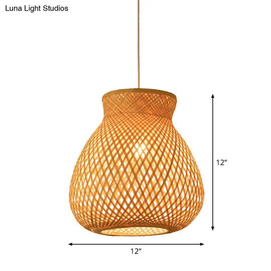 Bamboo Pendant Lamp For Restaurants - Asian Style Globular Twisted Shape In Beige