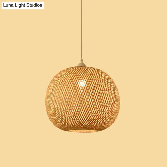 Bamboo Pendant Lamp For Restaurants - Asian Style Globular Twisted Shape In Beige