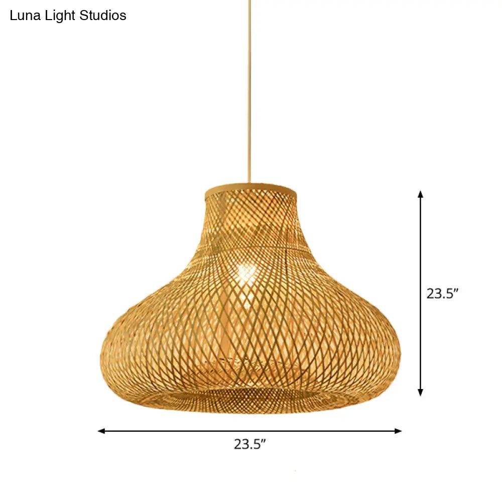 Bamboo Pendant Lamp For Restaurants - Asian Style Globular Twisted Shape In Beige