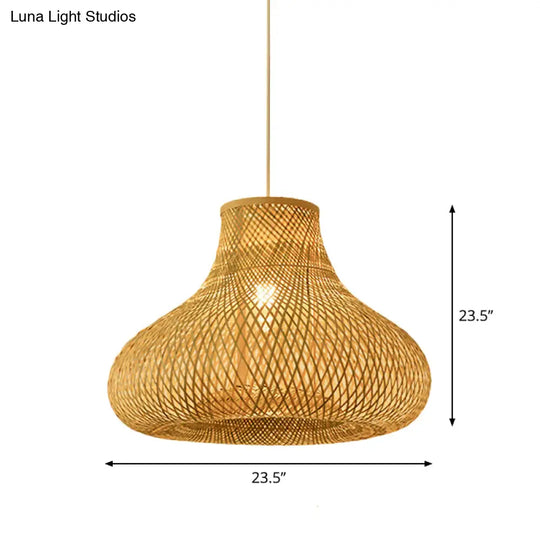 Bamboo Pendant Lamp For Restaurants - Asian Style Globular Twisted Shape In Beige