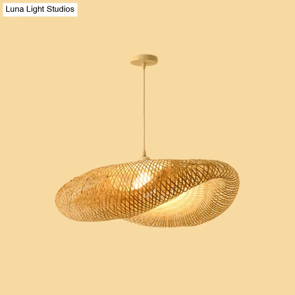 Bamboo Pendant Lamp For Restaurants - Asian Style Globular Twisted Shape In Beige