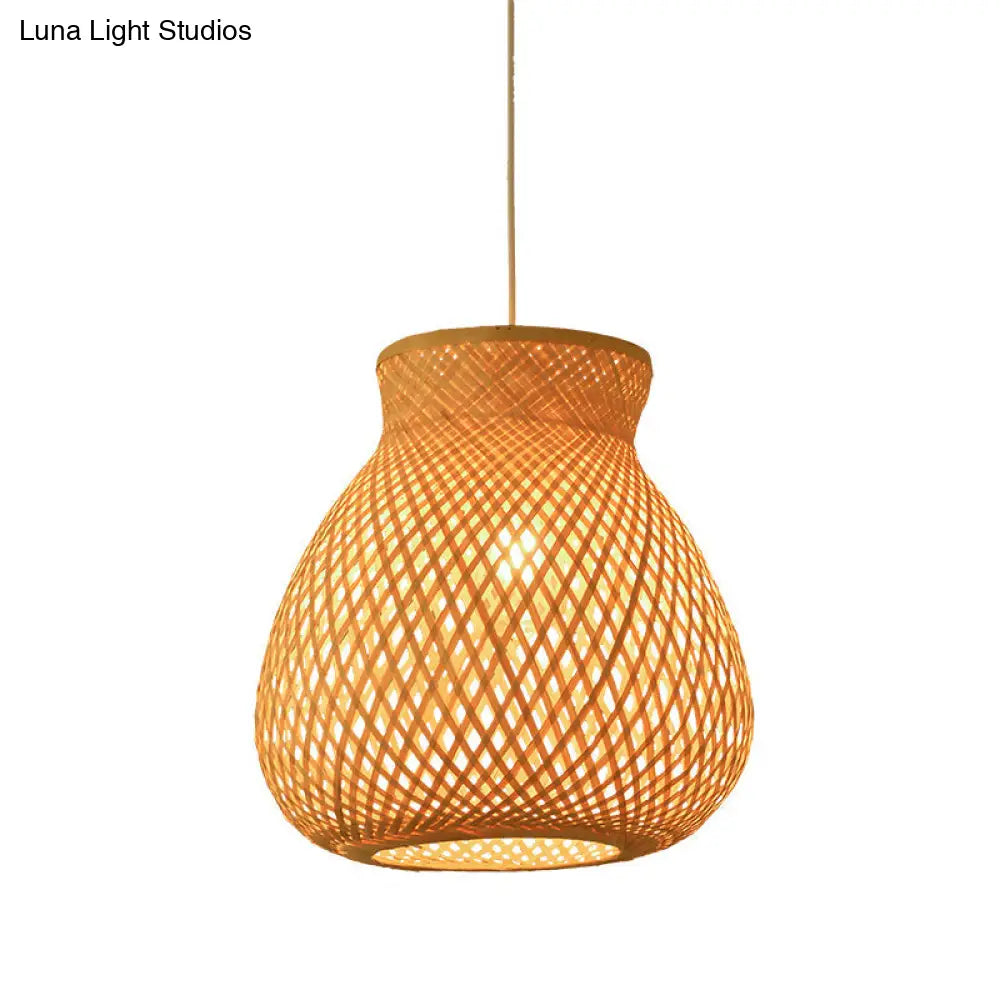 Bamboo Pendant Lamp For Restaurants - Asian Style Globular Twisted Shape In Beige