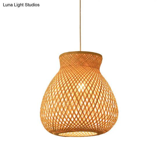 Bamboo Pendant Lamp For Restaurants - Asian Style Globular Twisted Shape In Beige