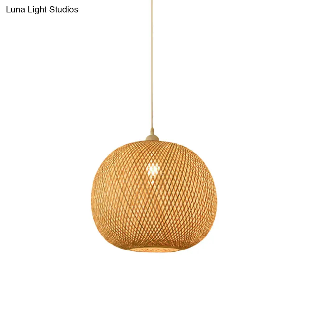 Bamboo Pendant Lamp For Restaurants - Asian Style Globular Twisted Shape In Beige