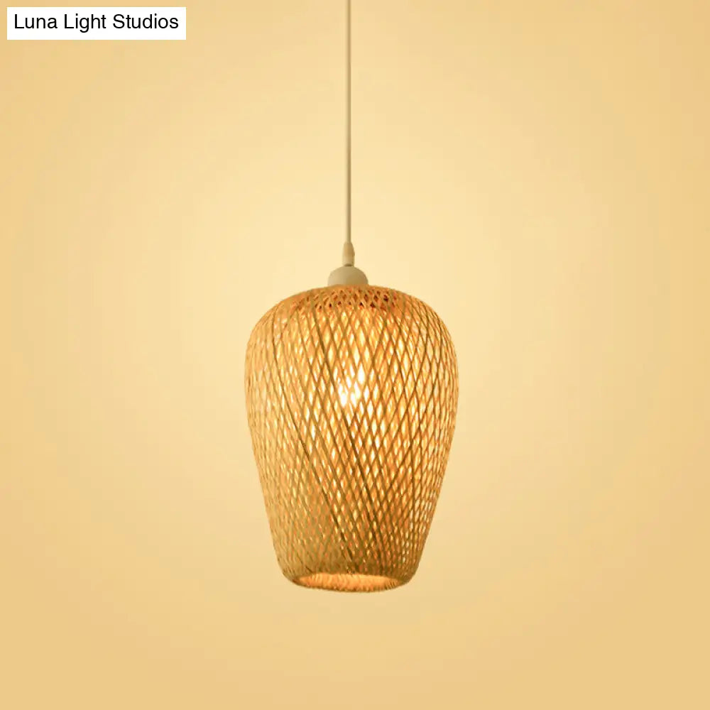 Bamboo Pendant Lamp For Restaurants - Asian Style Globular Twisted Shape In Beige