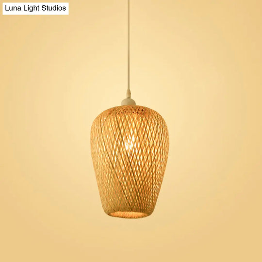 Bamboo Pendant Lamp For Restaurants - Asian Style Globular Twisted Shape In Beige