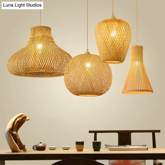 Bamboo Pendant Lamp For Restaurants - Asian Style Globular Twisted Shape In Beige