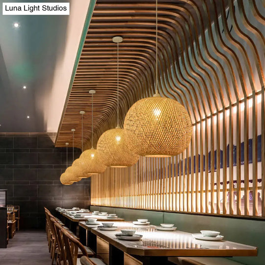 Bamboo Pendant Lamp For Restaurants - Asian Style Globular Twisted Shape In Beige