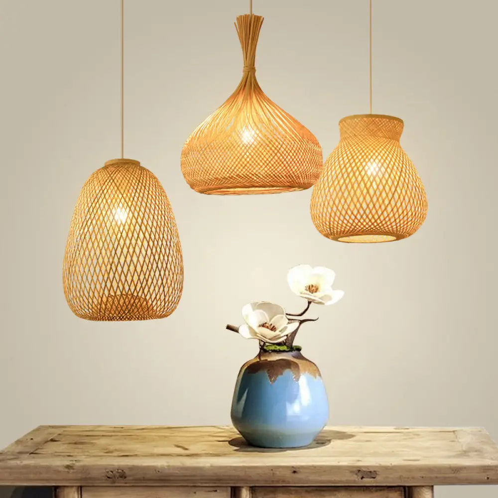 Bamboo Pendant Lamp For Restaurants - Asian Style Globular Twisted Shape In Beige / C