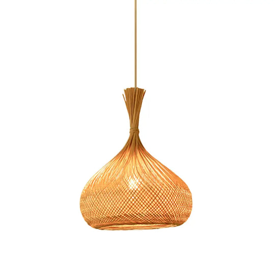 Bamboo Pendant Lamp For Restaurants - Asian Style Globular Twisted Shape In Beige / D