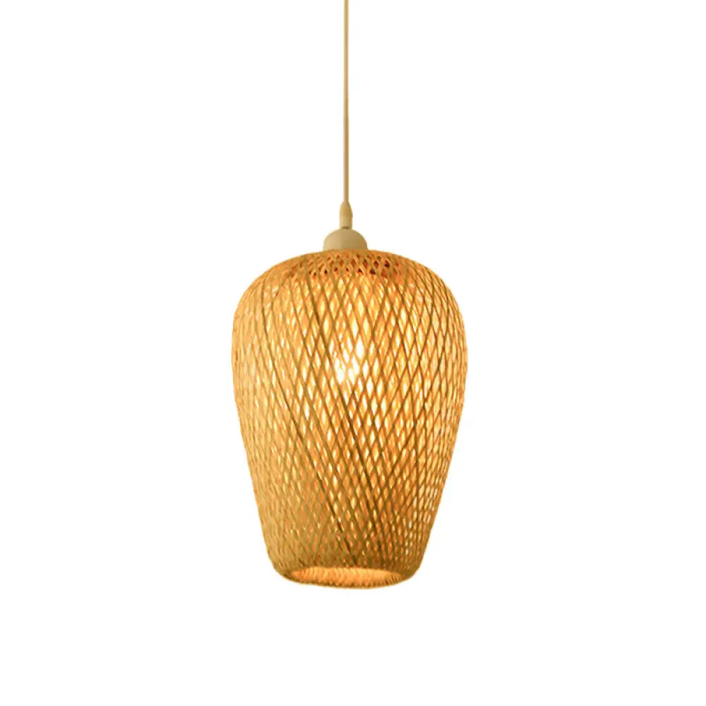 Bamboo Pendant Lamp For Restaurants - Asian Style Globular Twisted Shape In Beige / G